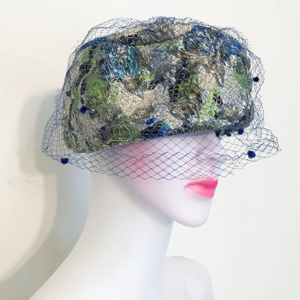 Vintage 1950s Pillbox Hat With Blue Netting