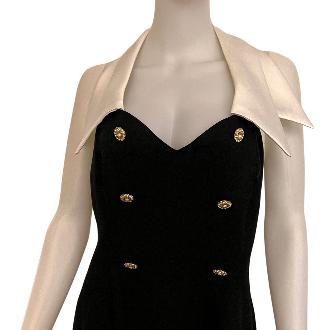Vintage 1980s Tuxedo Style Halter Formal Dress