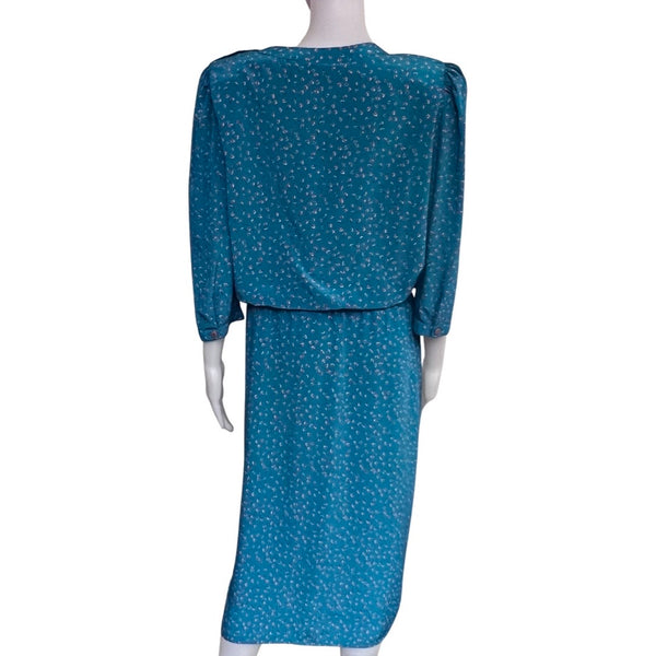 Vintage 1980s Blue Satin Drop Waist Print Dress