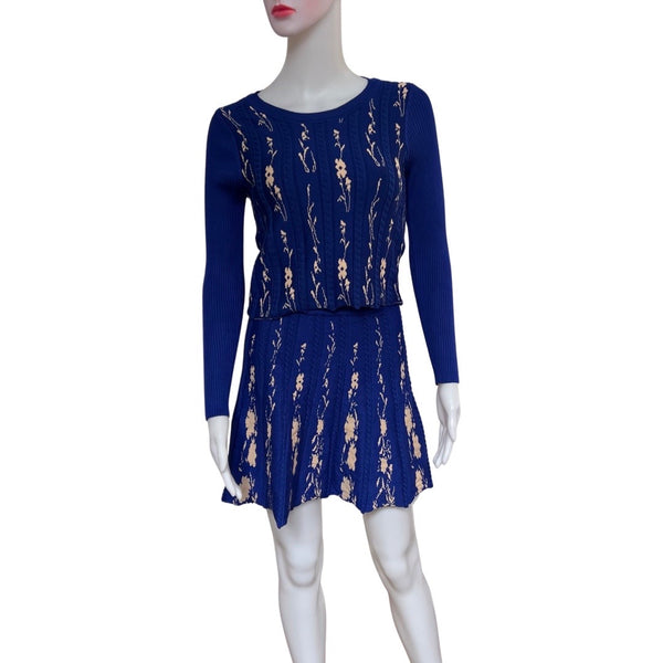 Vintage 1960s Blue & White Knit Sweater Skirt Set