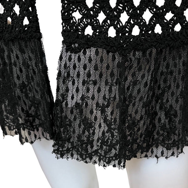 Vintage 1970s Black Crochet Long Vest