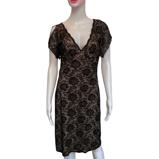 Vintage 1990s Split Cap Sleeves Black Lace Dress