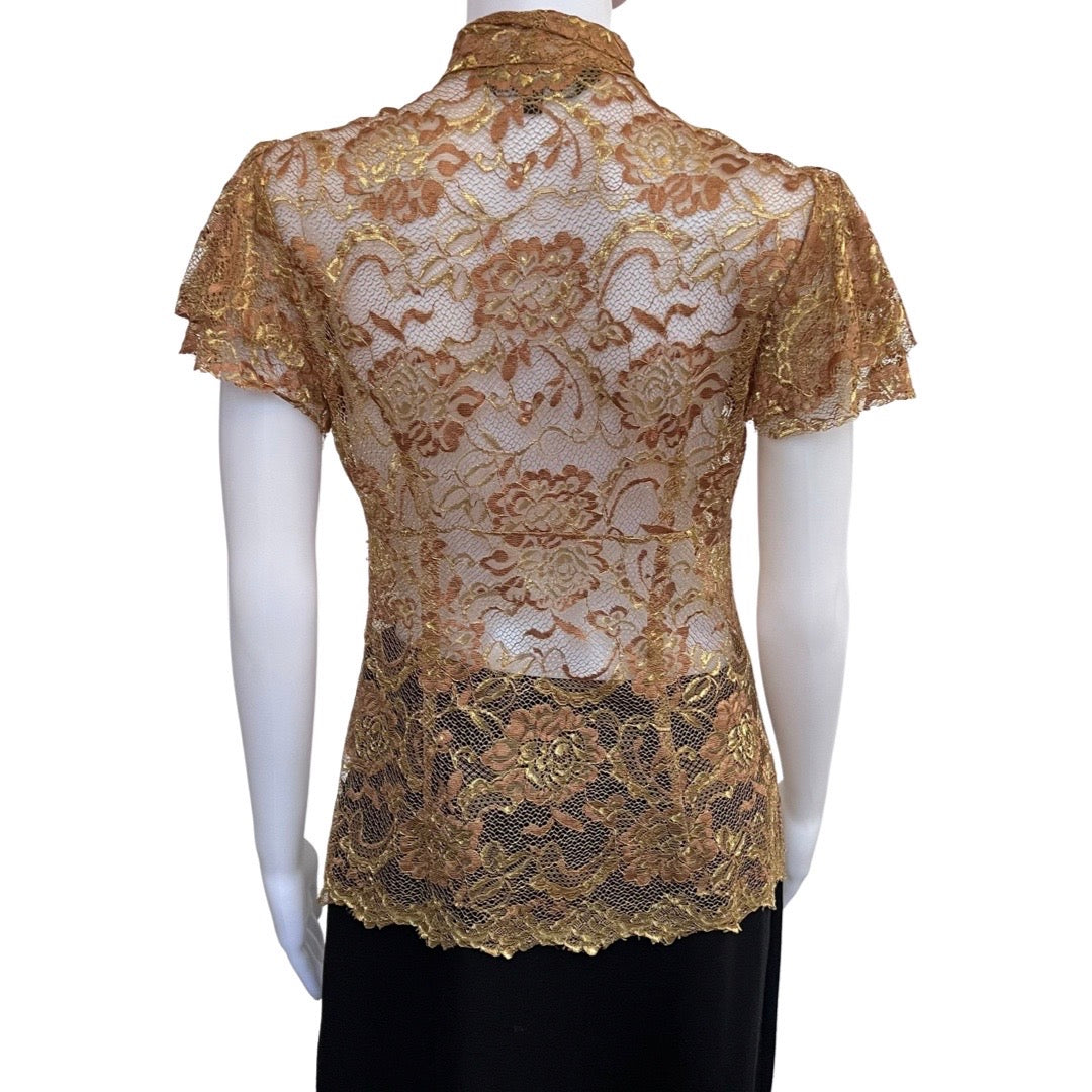 Trina Turk Gold Lace Pussybow Blouse
