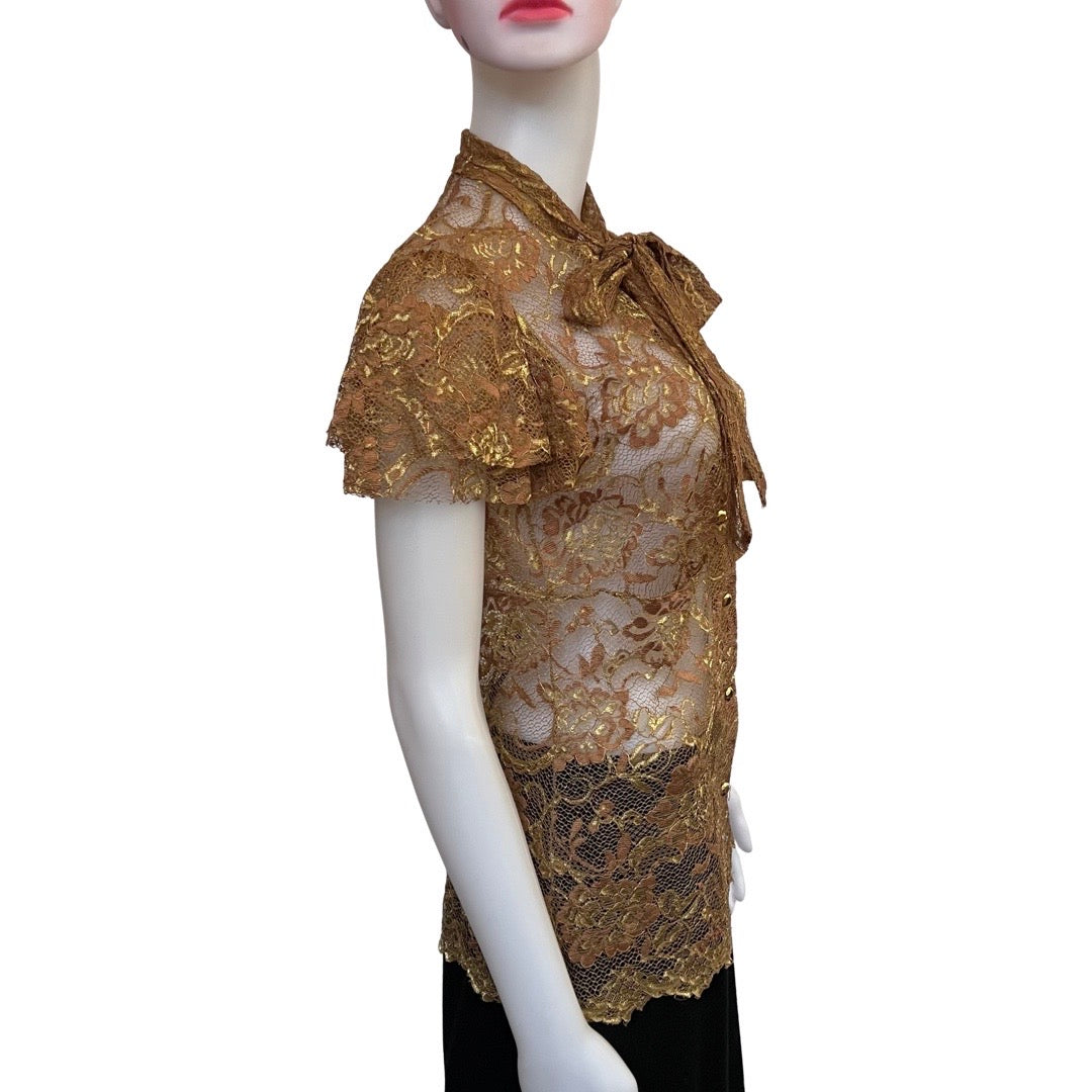 Trina Turk Gold Lace Pussybow Blouse