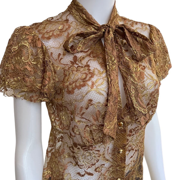 Trina Turk Gold Lace Pussybow Blouse