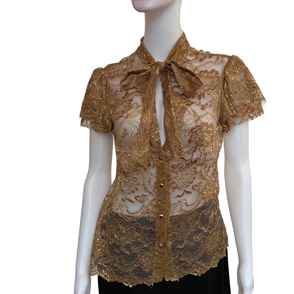 Trina Turk Gold Lace Pussybow Blouse