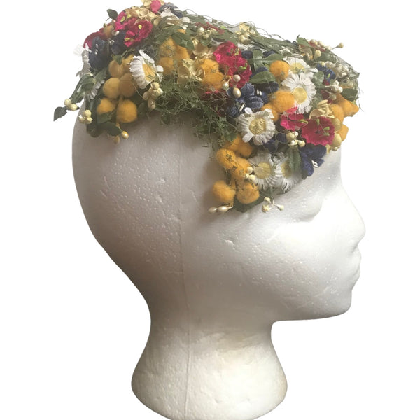 Vintage 1950s Silk Floral Juliette Cap Hat