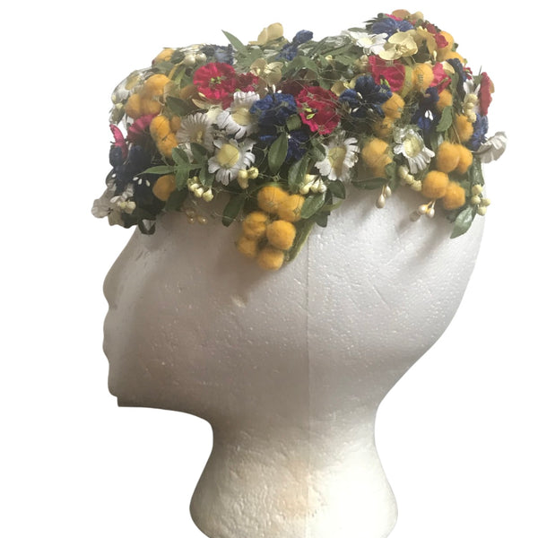 Vintage 1950s Silk Floral Juliette Cap Hat