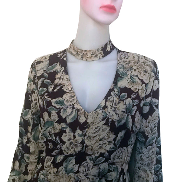 Vintage 1990s Brown Floral Print Maxi Dress