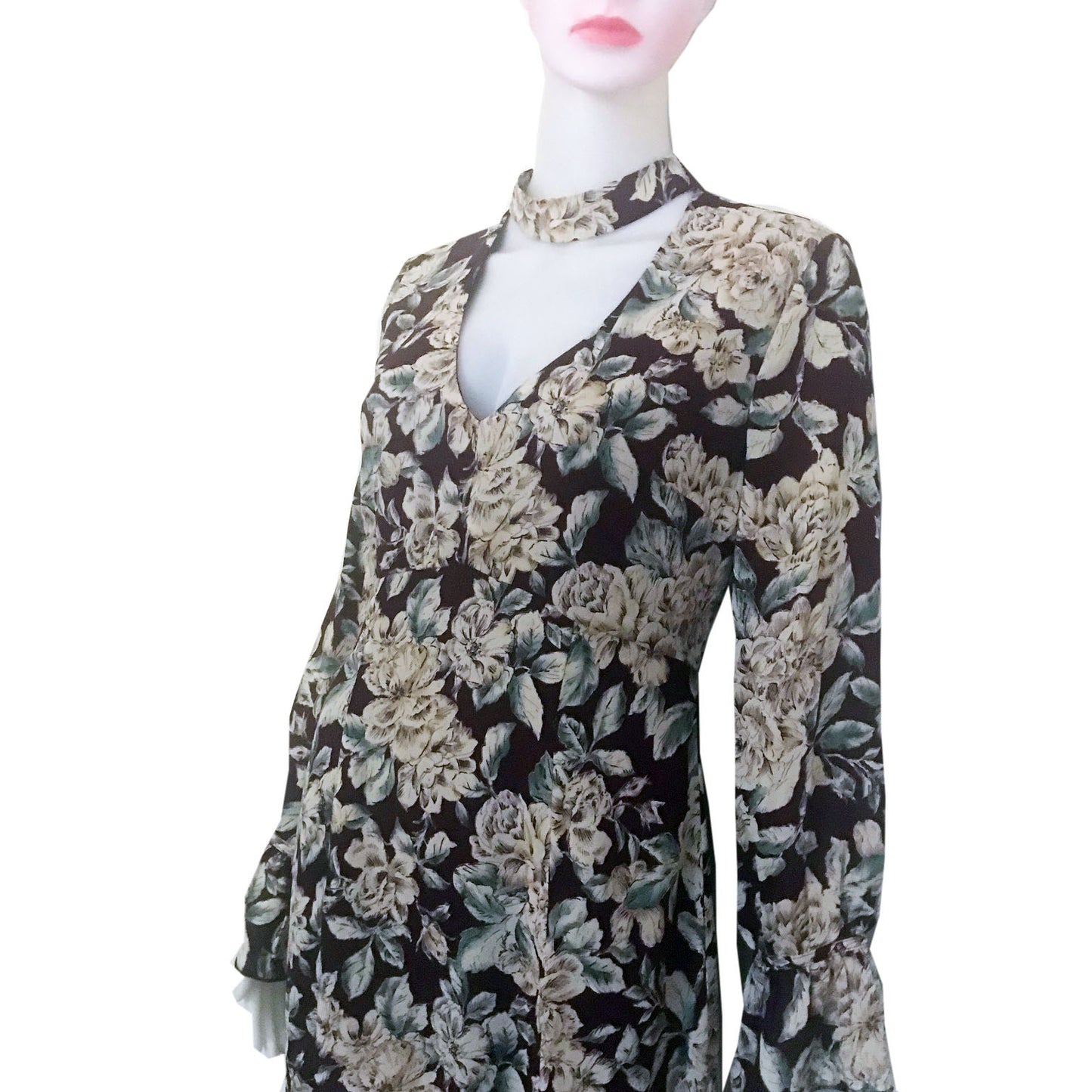 Vintage 1990s Brown Floral Print Maxi Dress