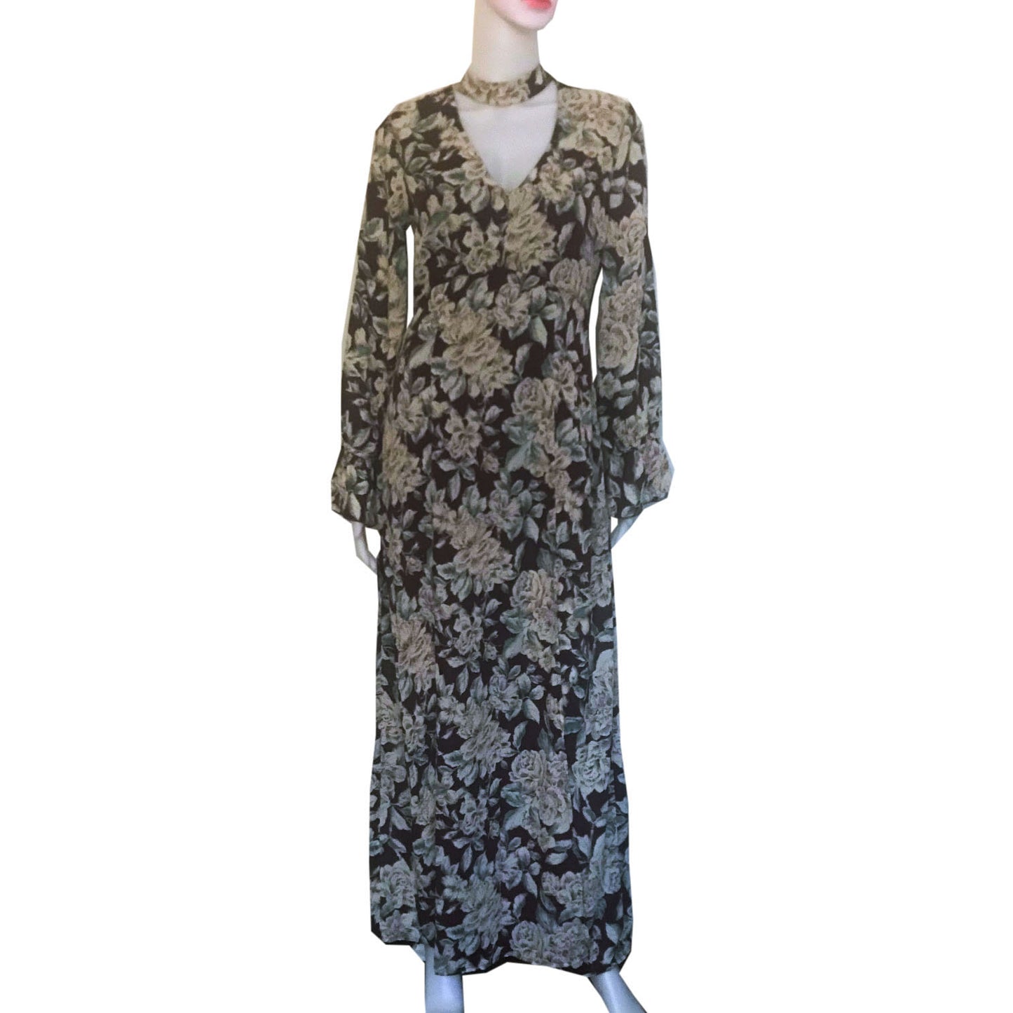 Vintage 1990s Brown Floral Print Maxi Dress