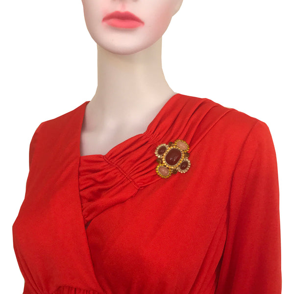 Vintage 1960s Jersey Gown With Wrap Scarf & Brooch