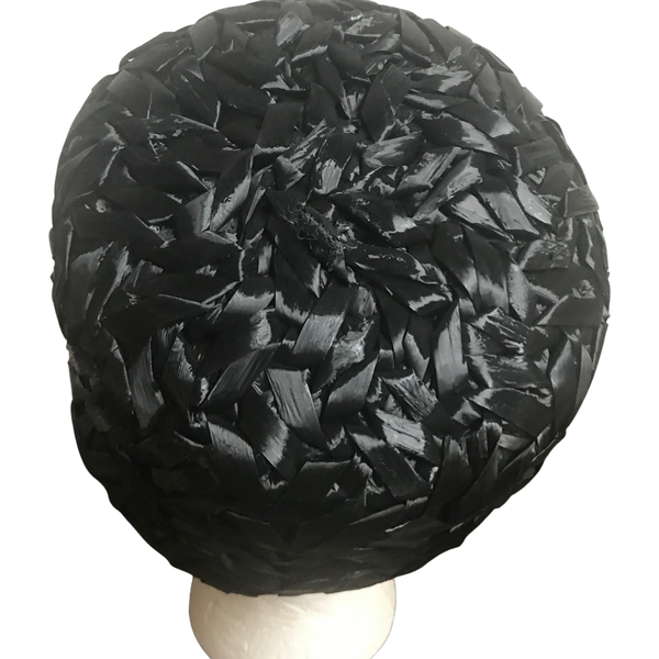 Vintage 1960s Black Straw Woven Pillbox Hat