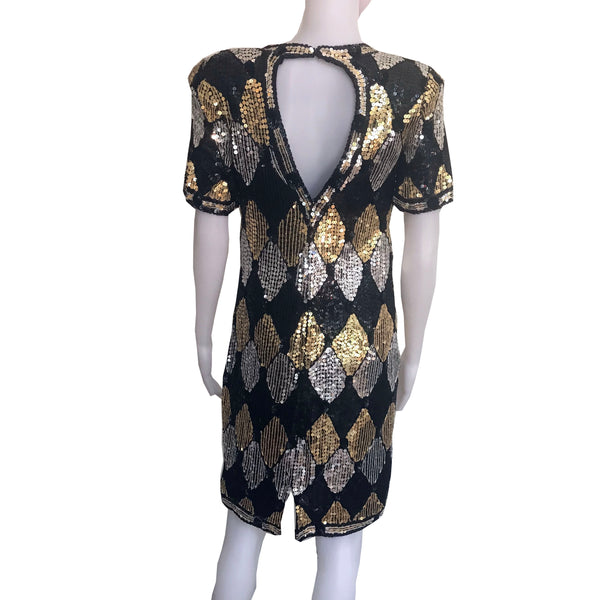 Vintage 1980s Black-Gold-Silver Sequined Dress