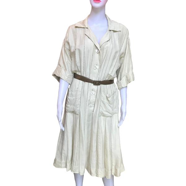 Vintage 1950s Carlye Belted Eyelet Silk Shirtdress