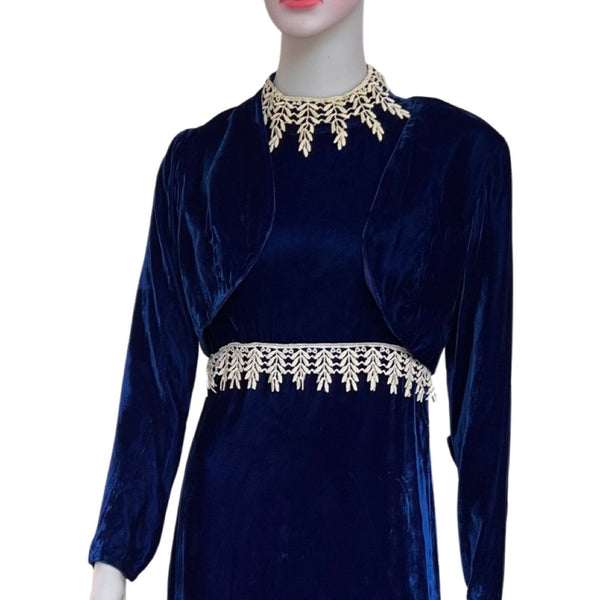 Vintage 1960s Blue Velvet Prom Dress with Bolero Jacket