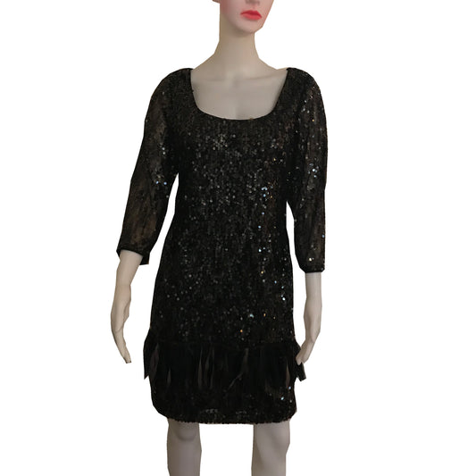 Vintage 1990s Sequined Cocktail Dress With Fabric Feather Trim