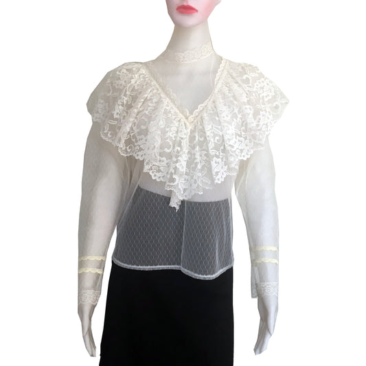 Vintage 1970s Sheer Lace Long-Sleeve Blouse