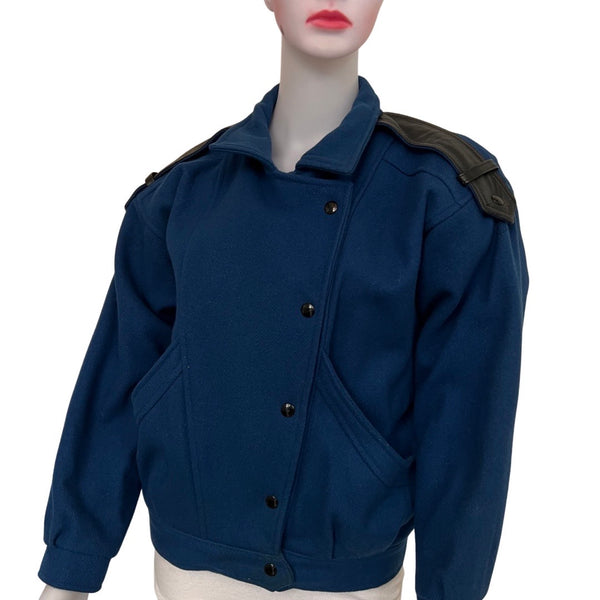 Vintage 1980s Blue Wool & Leather Bomber Jacket