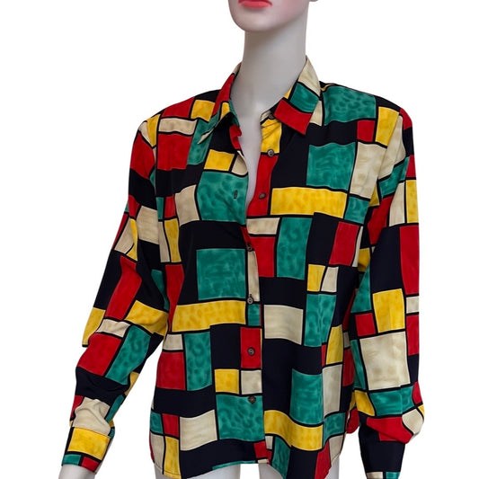Vintage 1980s Satin Color Block Blouse