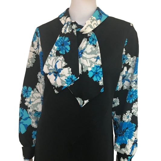 Vintage 1960s Mod Floral Print Neck Tie Day Dress
