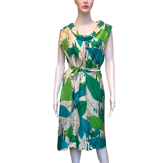 Vintage 1960s Silk Leaf Print Sleeveless Dress