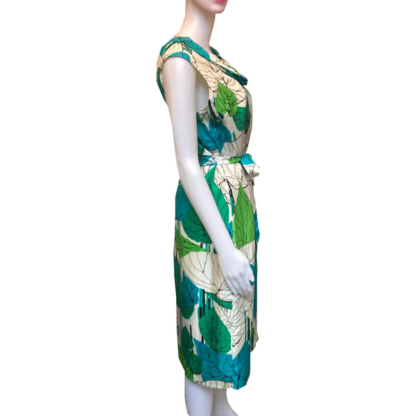 Vintage 1960s Silk Leaf Print Sleeveless Dress