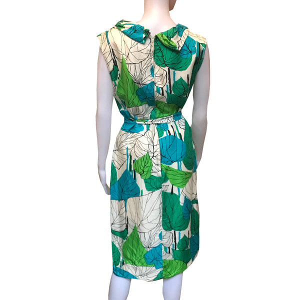Vintage 1960s Silk Leaf Print Sleeveless Dress