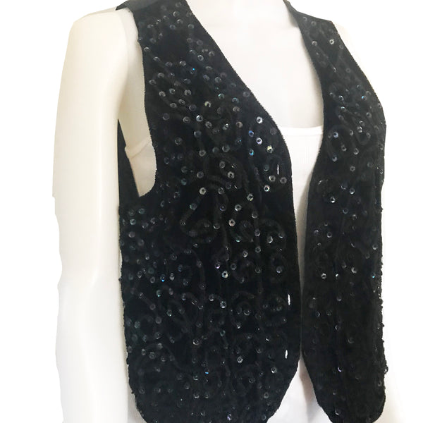 Vintage 1970s Black Velvet Sequined Vest