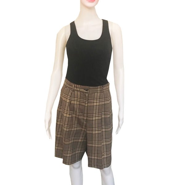 Vintage 1980s Plaid Pleated Wool Bermuda Shorts