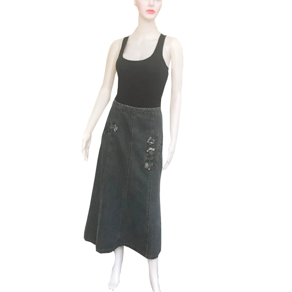 Vintage 1990s Denim Embroidered Midi Skirt