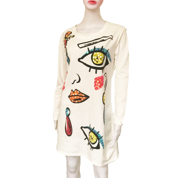 Vintage 1990s White Dress With Graphic Face Print
