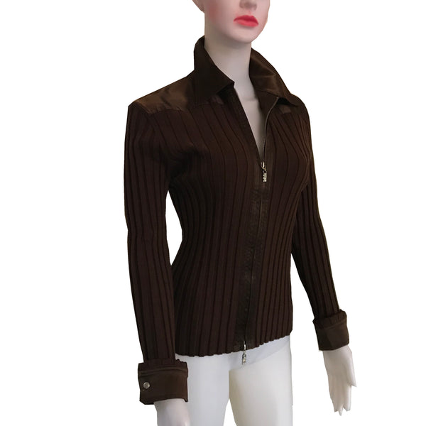 Vintage 1990s Caché Brown Silk Full Zip Sweater