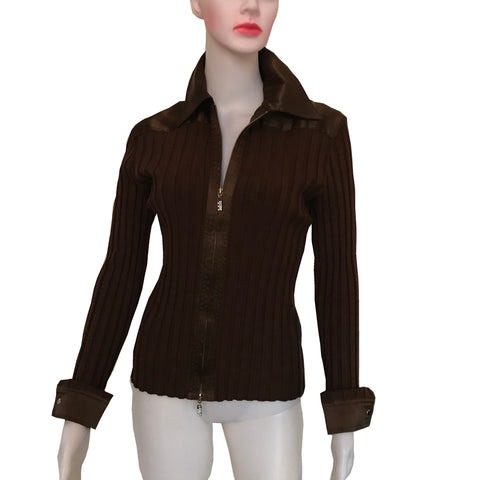 Vintage 1990s Caché Brown Silk Full Zip Sweater