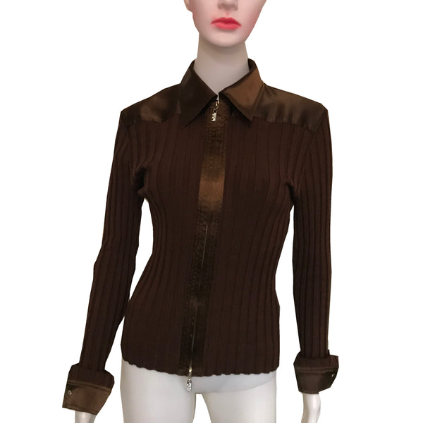 Vintage 1980s Caché Brown Silk Full Zip Sweater