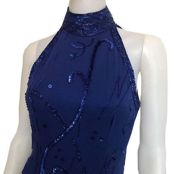 Vintage 1980s Lillie Rubin Blue Sequin Halter Dress