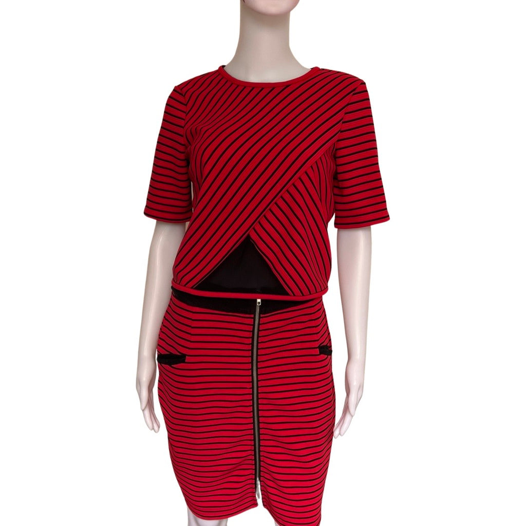 Vintage 1990s Red & Black Striped Knit Skirt Set