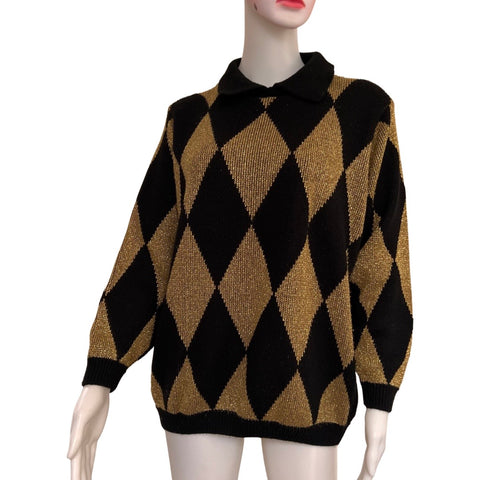 Vintage 1980s Harlequin Print Gold & Black Sweater
