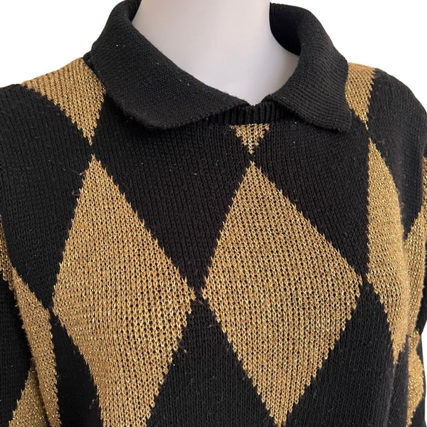 Vintage 1980s Harlequin Print Gold & Black Sweater