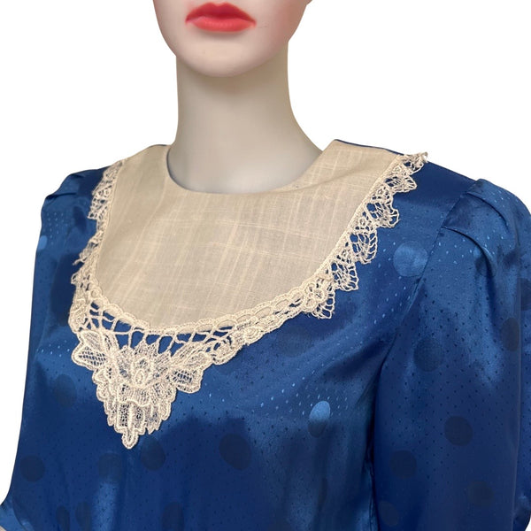Vintage 1980s Blue Dress With White Lace Collar