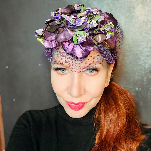 Vintage 1950s Purple Silk Whimsy Flower Hat With Veil
