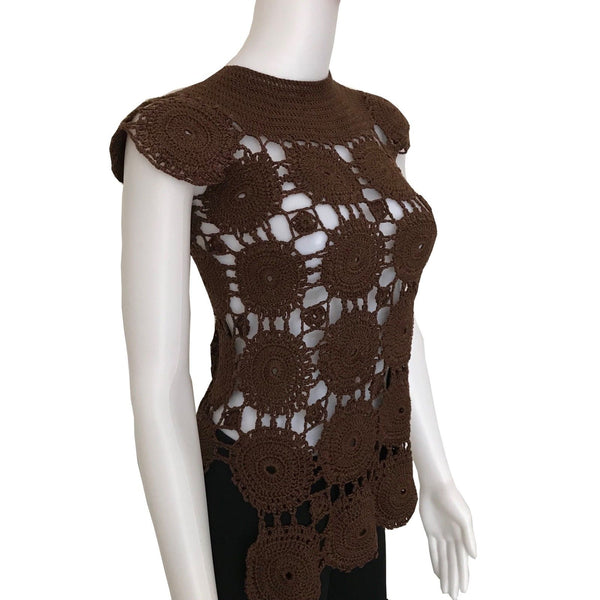 Vintage 1960s Brown Crochet Cap Sleeve Sweater