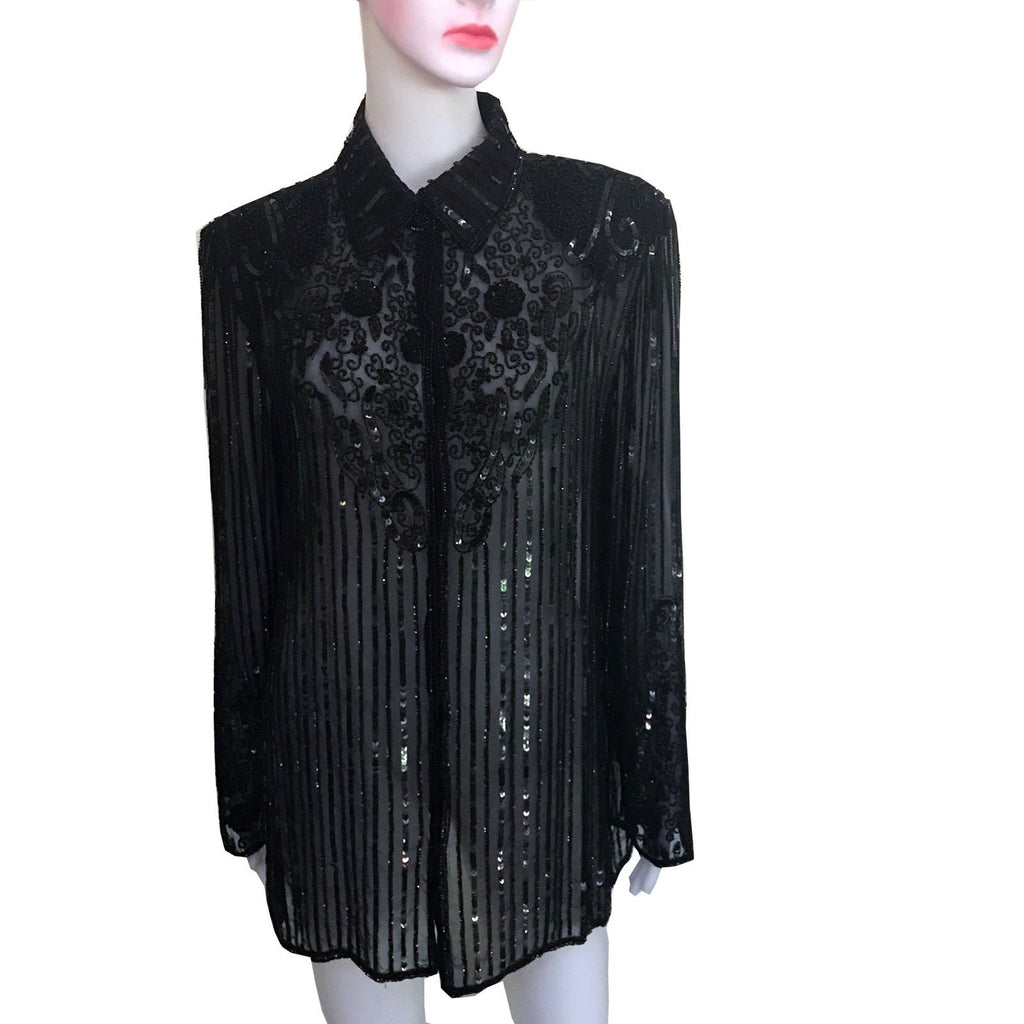 Vintage 1980s J Kara Beaded Silk Long Sleeve Blouse