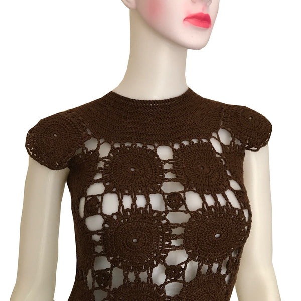Vintage 1960s Brown Crochet Cap Sleeve Sweater