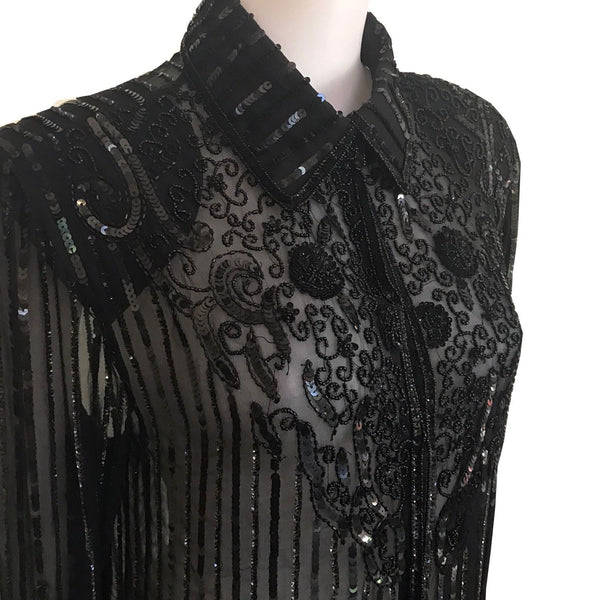 Vintage 1980s J Kara Beaded Silk Long Sleeve Blouse