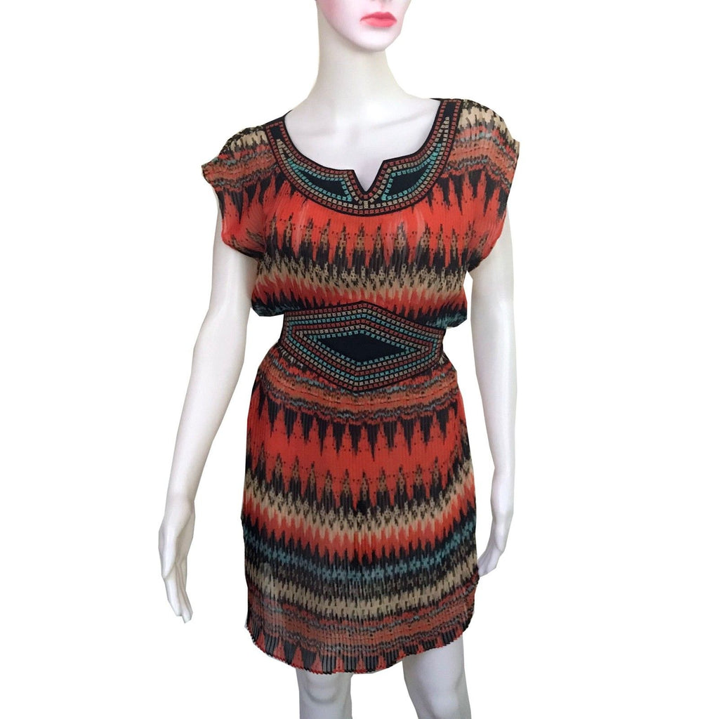Vintage 1970s Aztec Print Pleated Tunic Dress